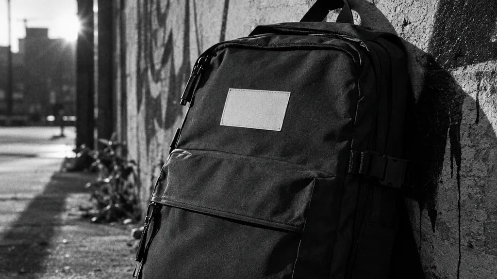 Black and white cinematic image of a boxy streetwear backpack with a bold logo patch, propped against a wall