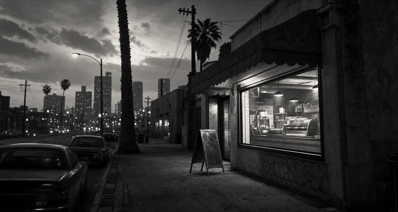 Black and white cinematic shot of a small storefront sandwich shop on a city sidewalk at dusk with a glowing window and an awning