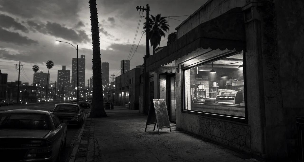Black and white cinematic shot of a small storefront sandwich shop on a city sidewalk at dusk with a glowing window and an awning