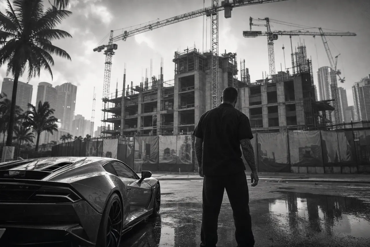Black and white cinematic view of a downtown construction site with tower cranes over a concrete core in dawn haze