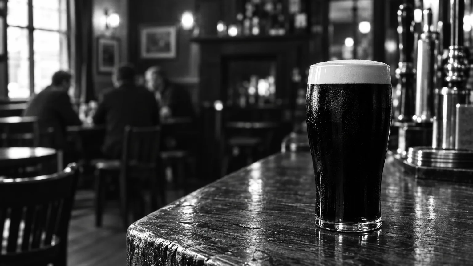 Black and white close-up of a pint of dark stout with a thick head, resting on a wooden bar counter