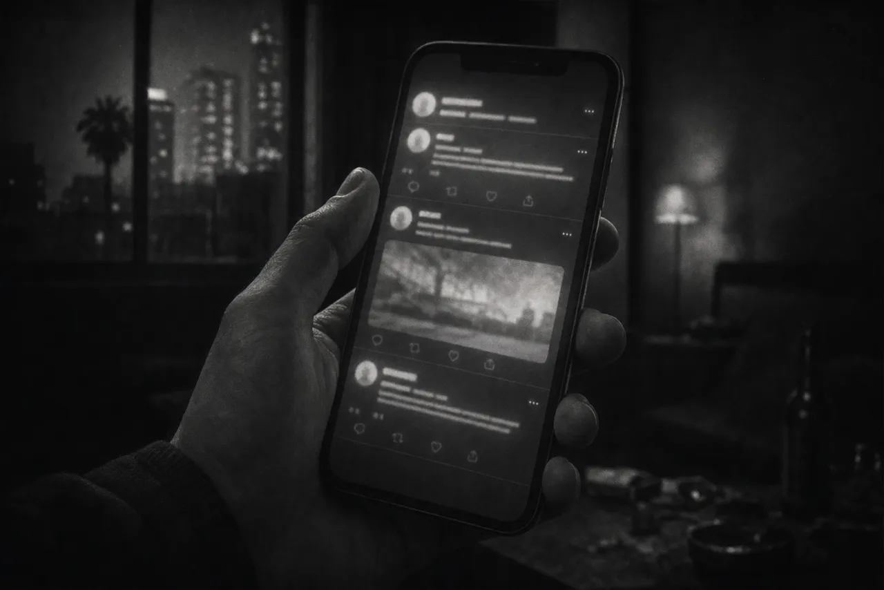 Black and white phone held in a dim room showing a glowing microblog feed of stacked post cards