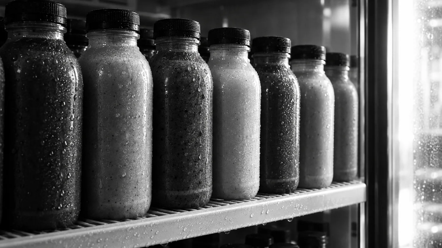 Black and white close-up of smoothie bottles on a refrigerator shelf, condensation beading on the plastic