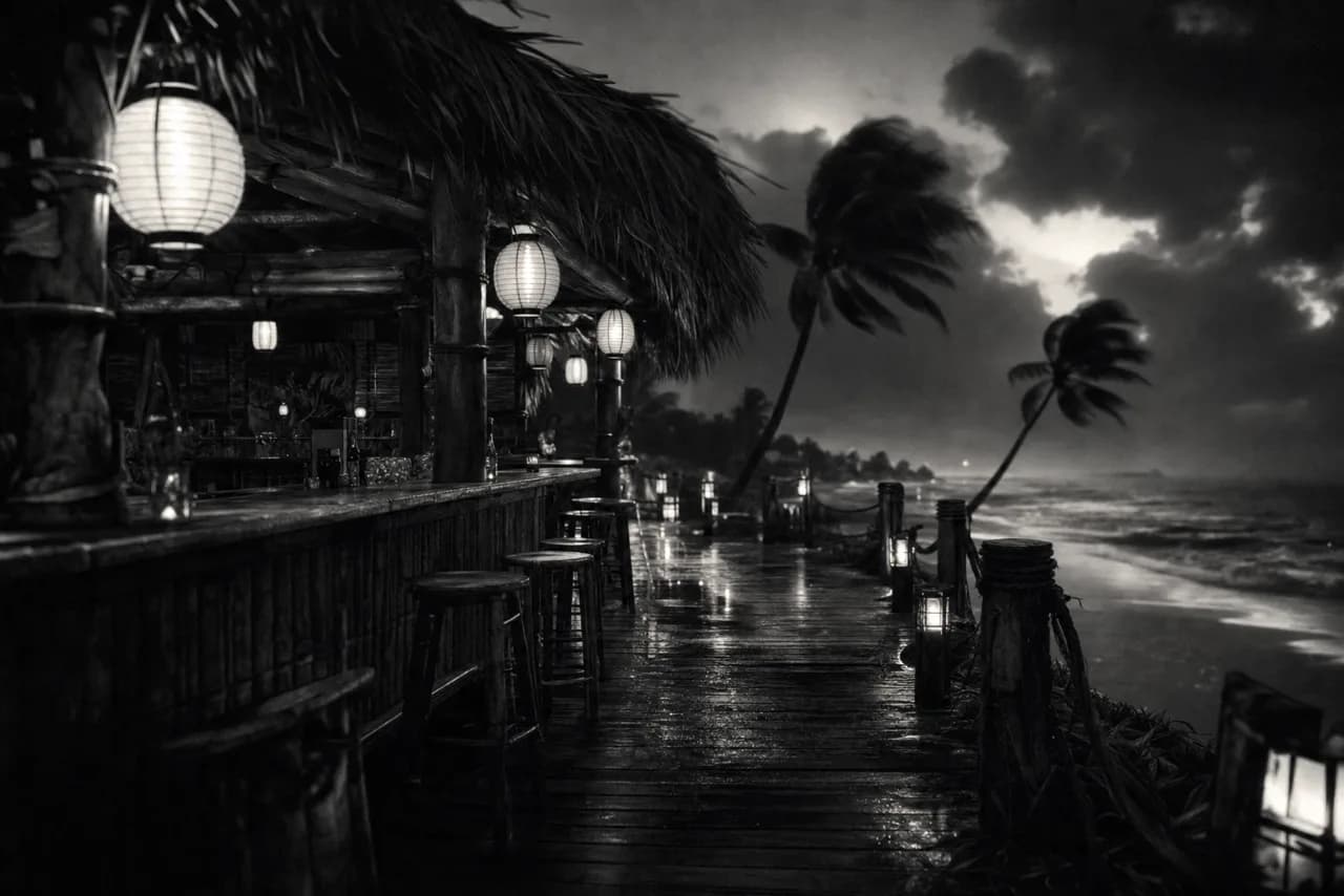 Black and white coastal tiki bar at night with glowing lanterns and palm trees bending in a stormy ocean wind