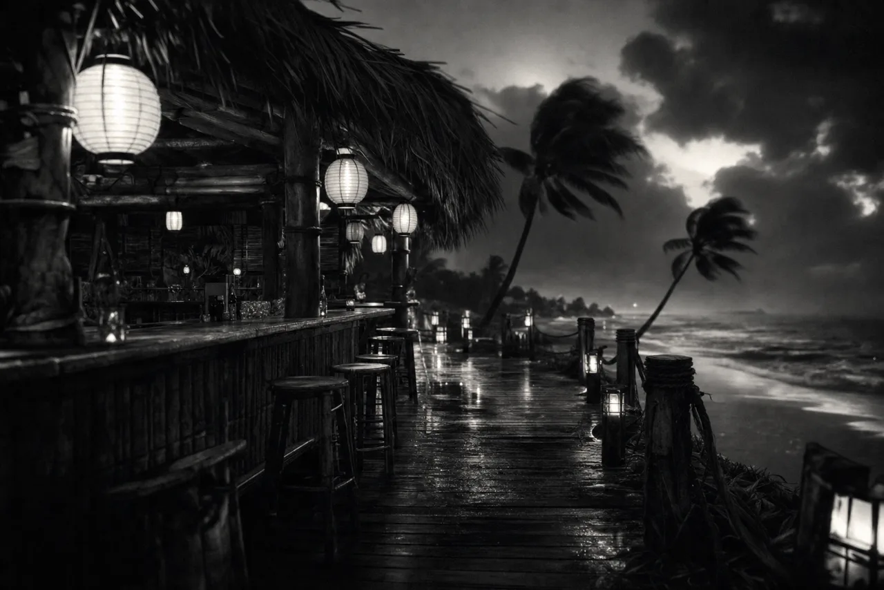 Black and white coastal tiki bar at night with glowing lanterns and palm trees bending in a stormy ocean wind