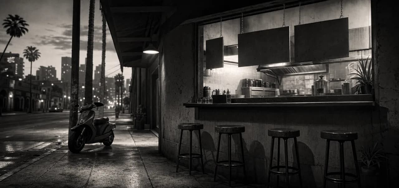 Black and white cinematic shot of a street food takeout window with counter stools and blank hanging menu boards on a city block