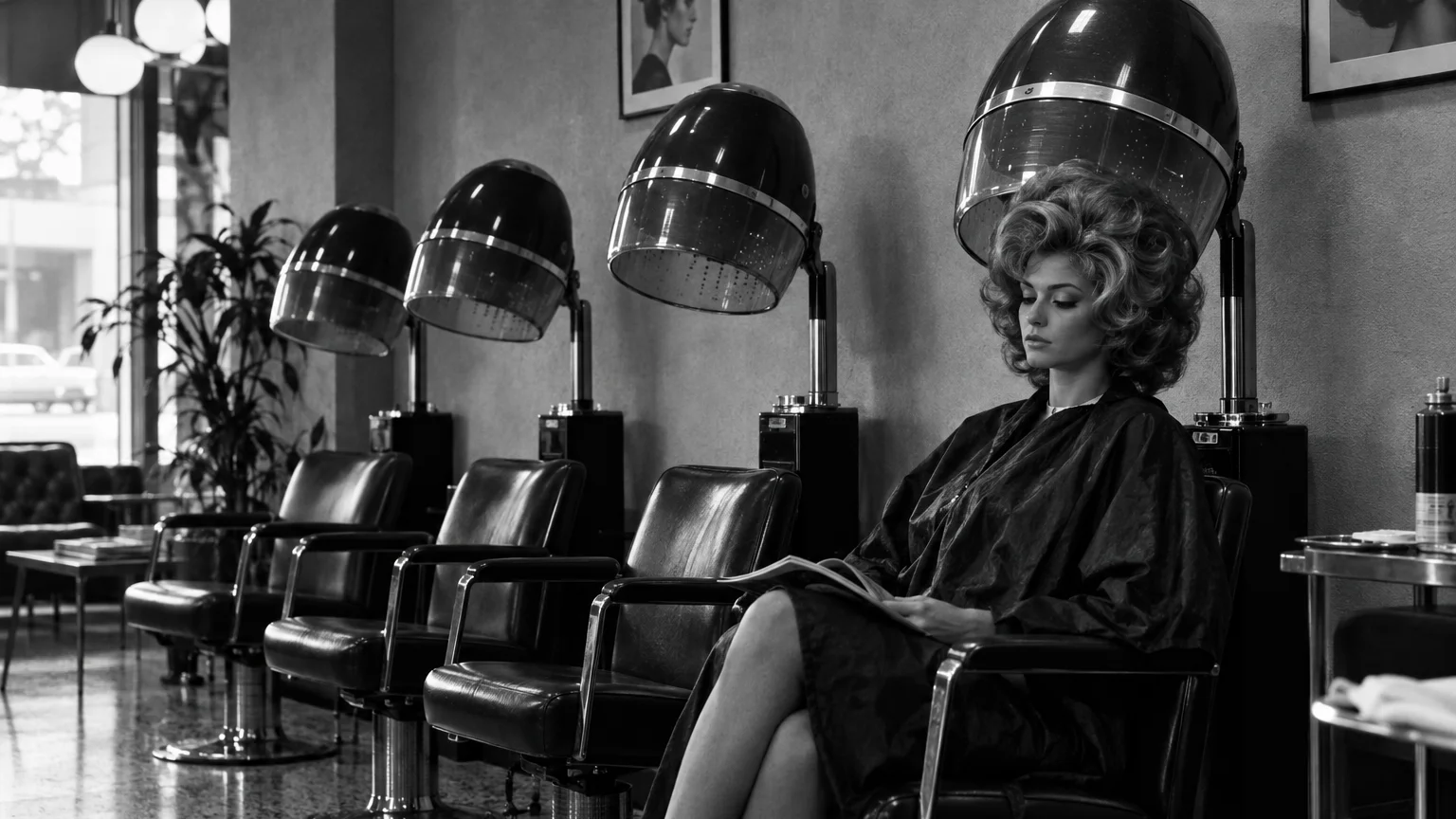 Black and white cinematic photograph of a row of vintage salon hood dryers with a client with voluminous hair