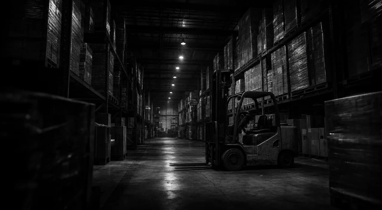 Black and white cinematic view of a logistics warehouse interior with tall pallet racking and a parked forklift