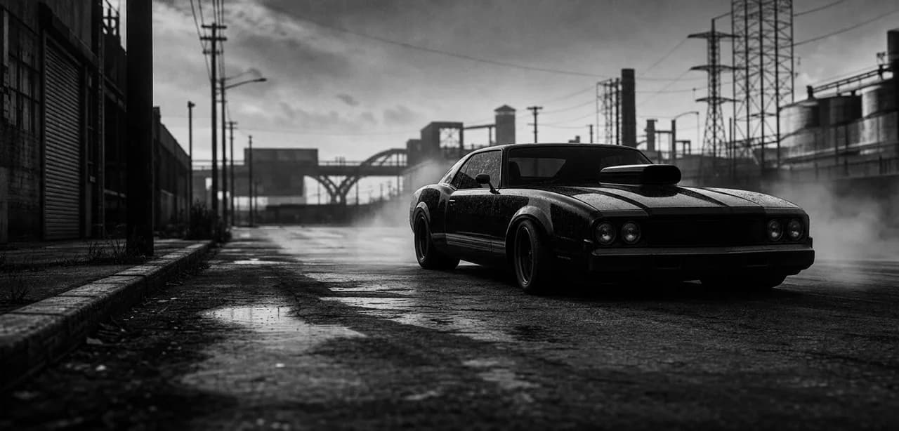 Black and white cinematic concept image of a aggressive American muscle car with a hood scoop on an empty industrial street
