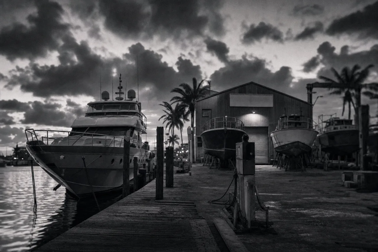 Black and white Florida Keys boatyard at dusk with a yacht moored at a wooden dock and boat hulls up on dry-dock cradles