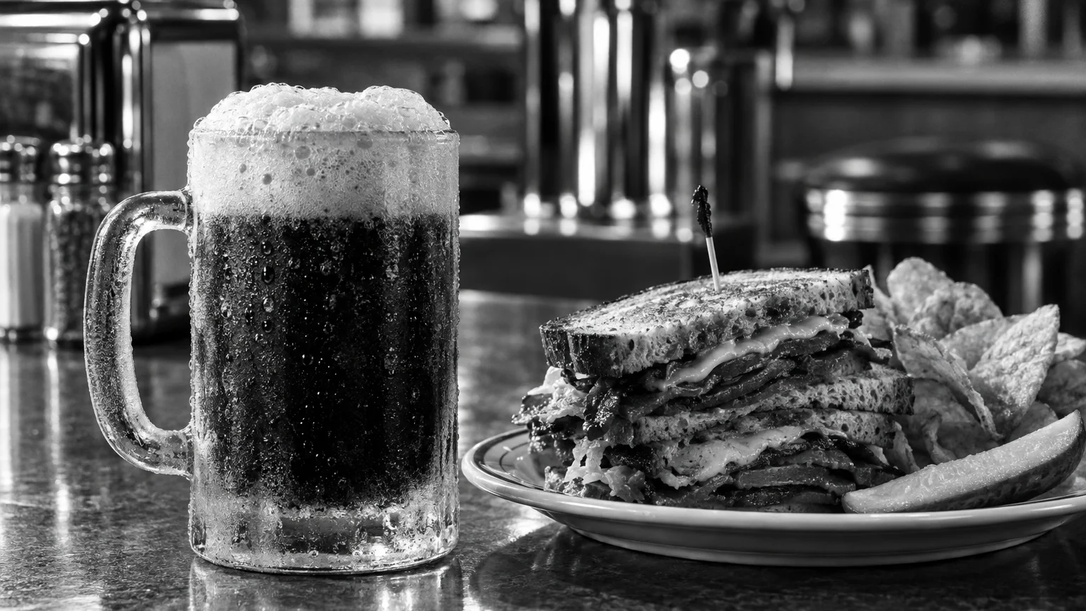 Black and white still life of a frosted glass mug of root beer beside a stacked sandwich on a diner counter
