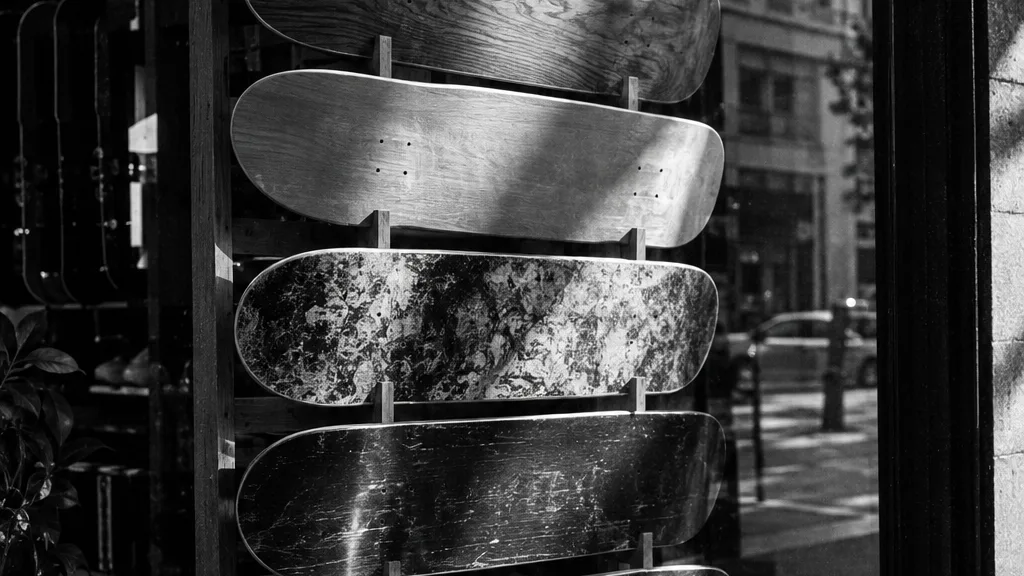 Black and white cinematic shot of skateboard decks racked in a shop window, grip tape stacked below