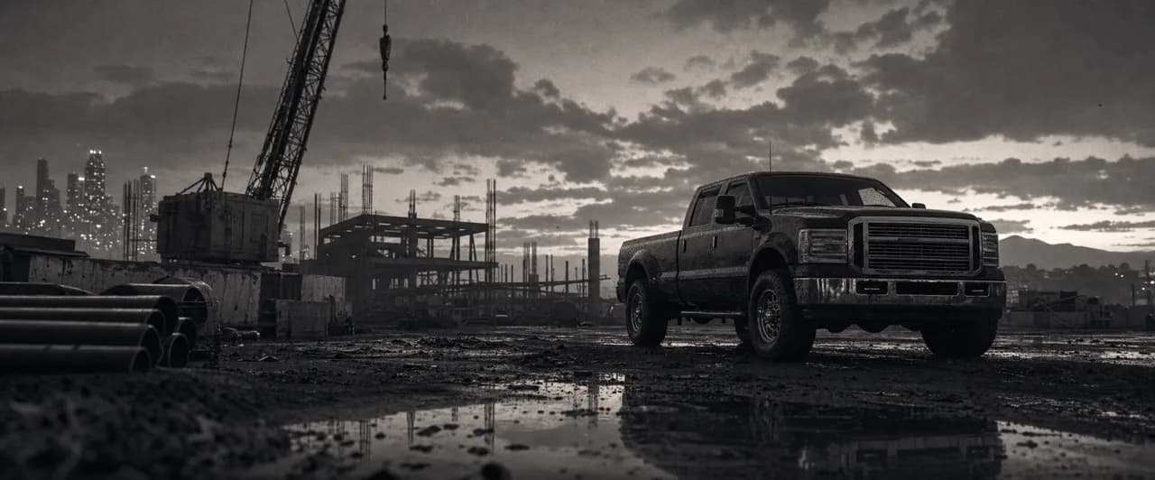 Black and white cinematic concept image of a heavy-duty pickup truck with a tall chrome grille at a construction site