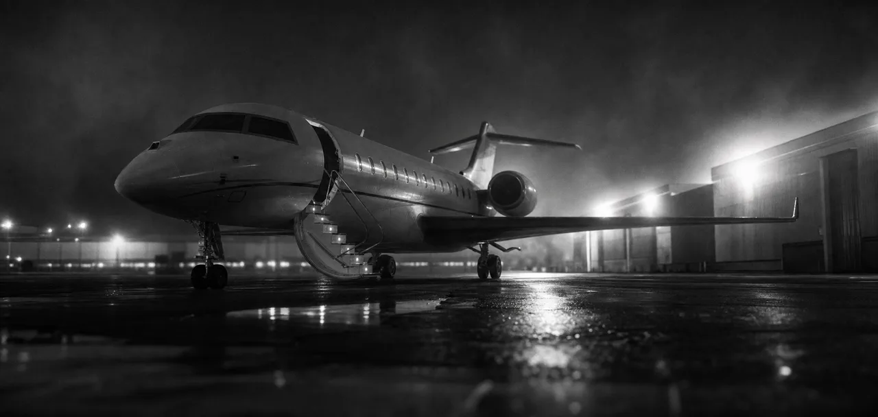 Black and white cinematic concept image of a private jet on a dark runway with hangar lights and the airstair lowered
