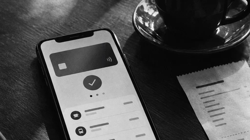 Black and white cinematic image of a smartphone on a cafe table showing a payment app screen, coffee and receipt beside it