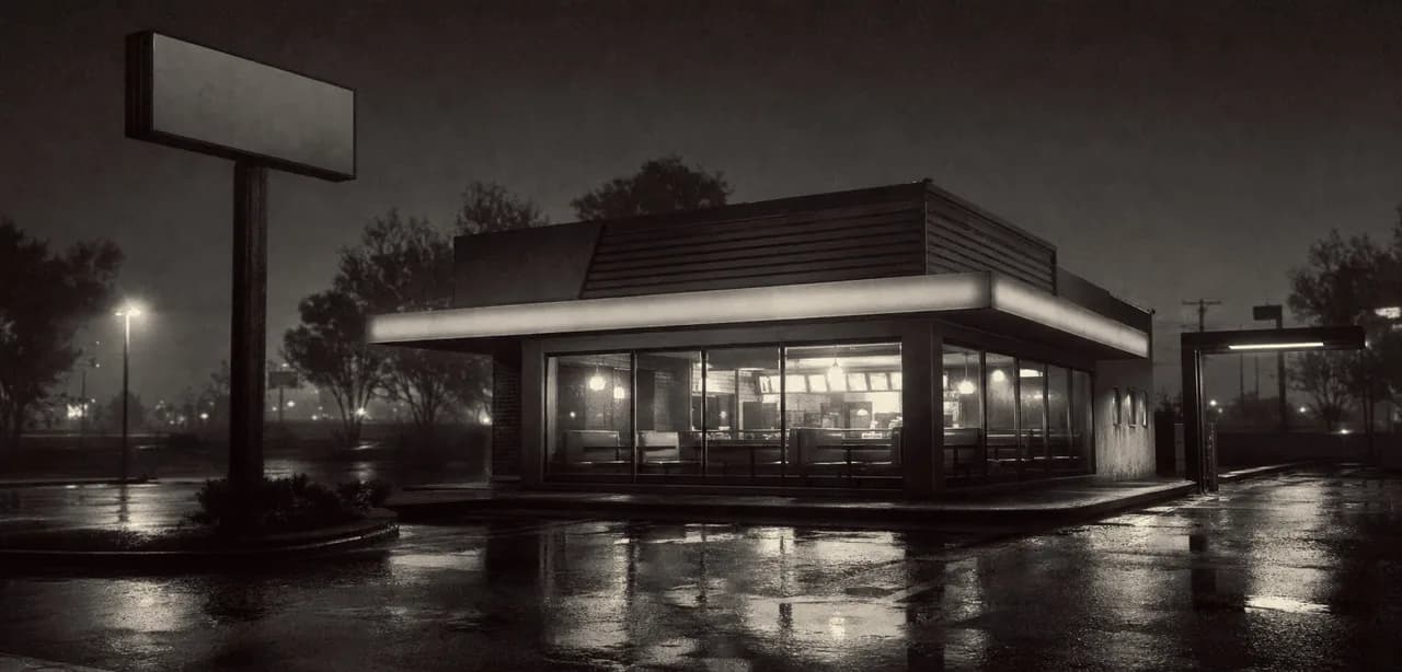 Black and white cinematic shot of a retro burger fast food joint at night with glowing windows and a tall blank pole sign