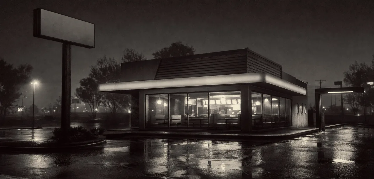 Black and white cinematic shot of a retro burger fast food joint at night with glowing windows and a tall blank pole sign