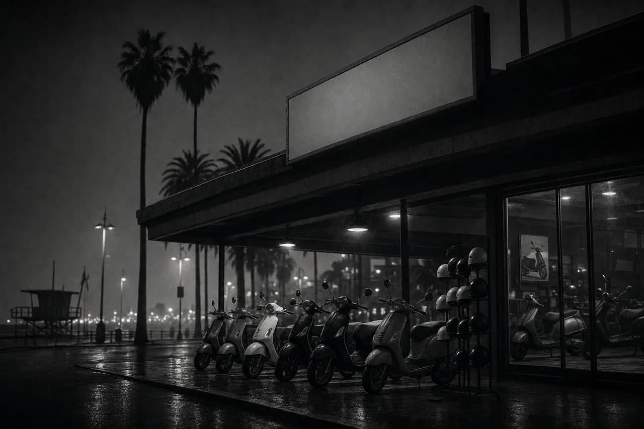 Black and white scooter and moped dealership at night near a beach boardwalk with a row of parked scooters under a canopy and a helmet rack