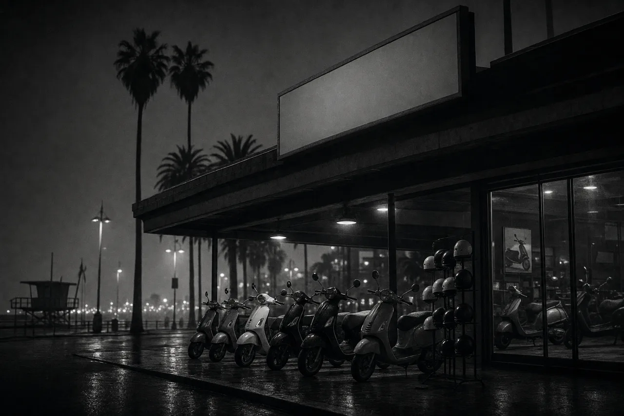 Black and white scooter and moped dealership at night near a beach boardwalk with a row of parked scooters under a canopy and a helmet rack