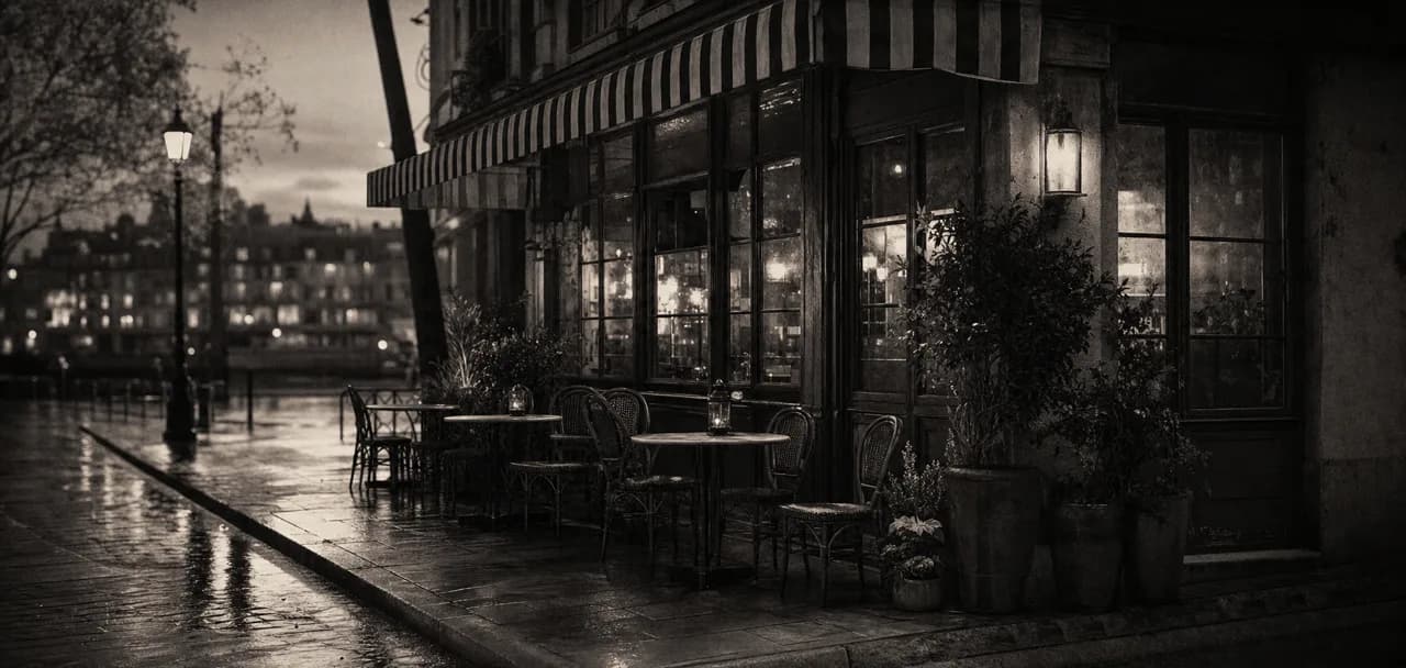 Black and white cinematic shot of a cozy corner cafe at dusk with outdoor bistro tables, a striped awning and potted plants