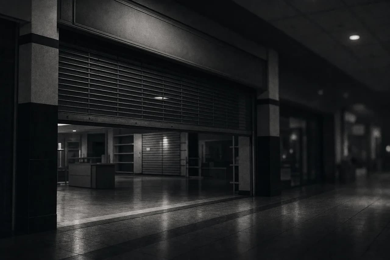 Black and white generic mall storefront at night with a half open security grille and a blank sign panel