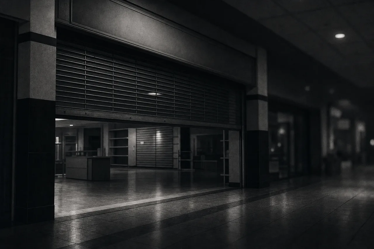 Black and white generic mall storefront at night with a half open security grille and a blank sign panel
