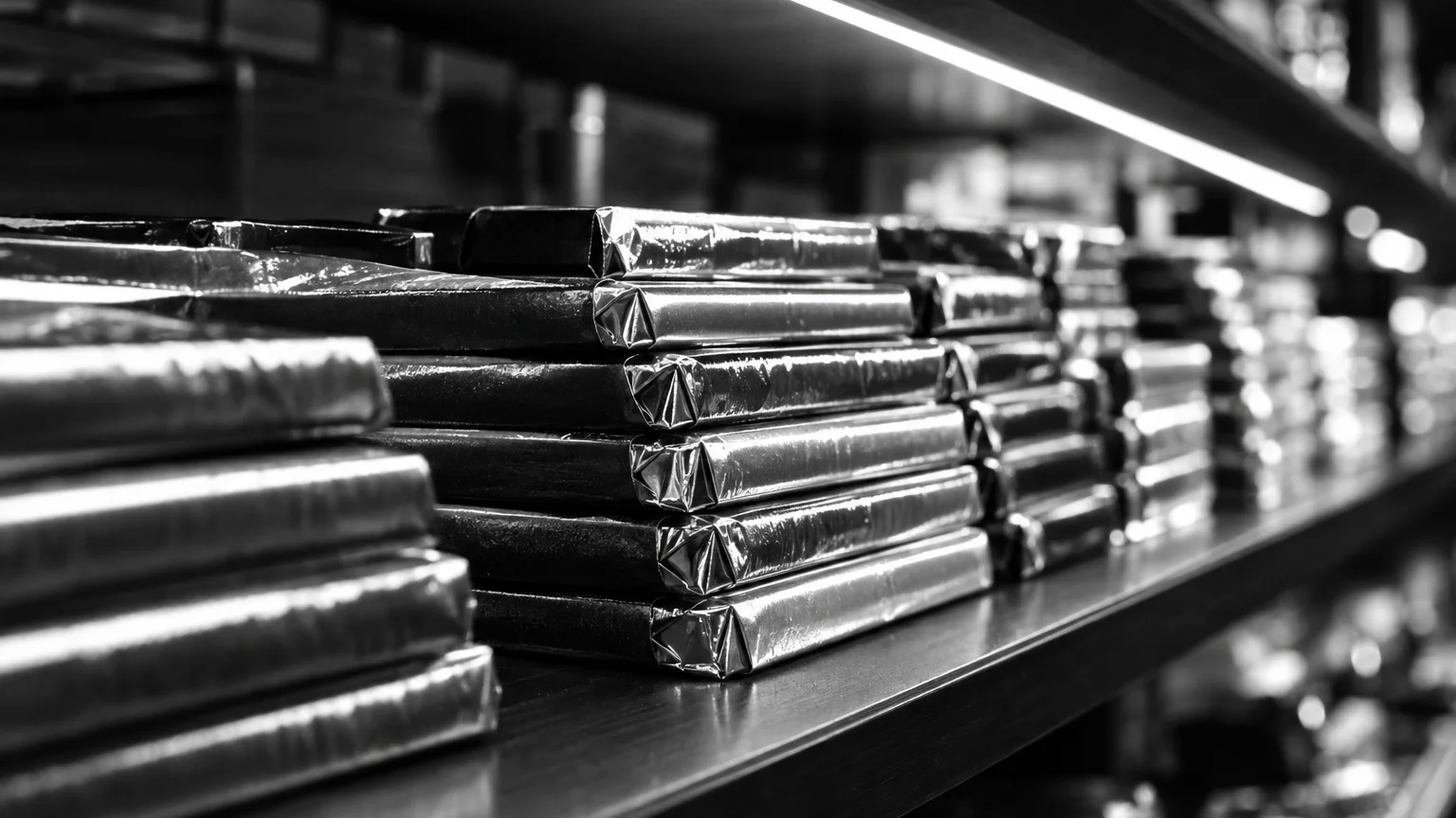 Black and white photo of chocolate bars stacked on a shop shelf, wrappers gleaming under strip lighting