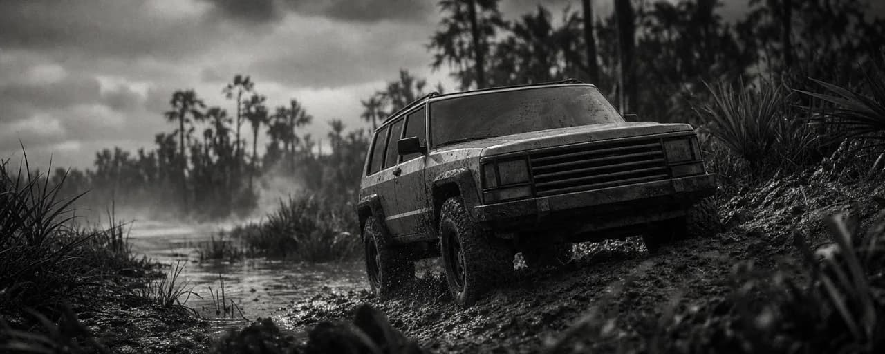 Black and white cinematic concept image of a boxy off-road SUV with a slatted grille climbing a muddy trail