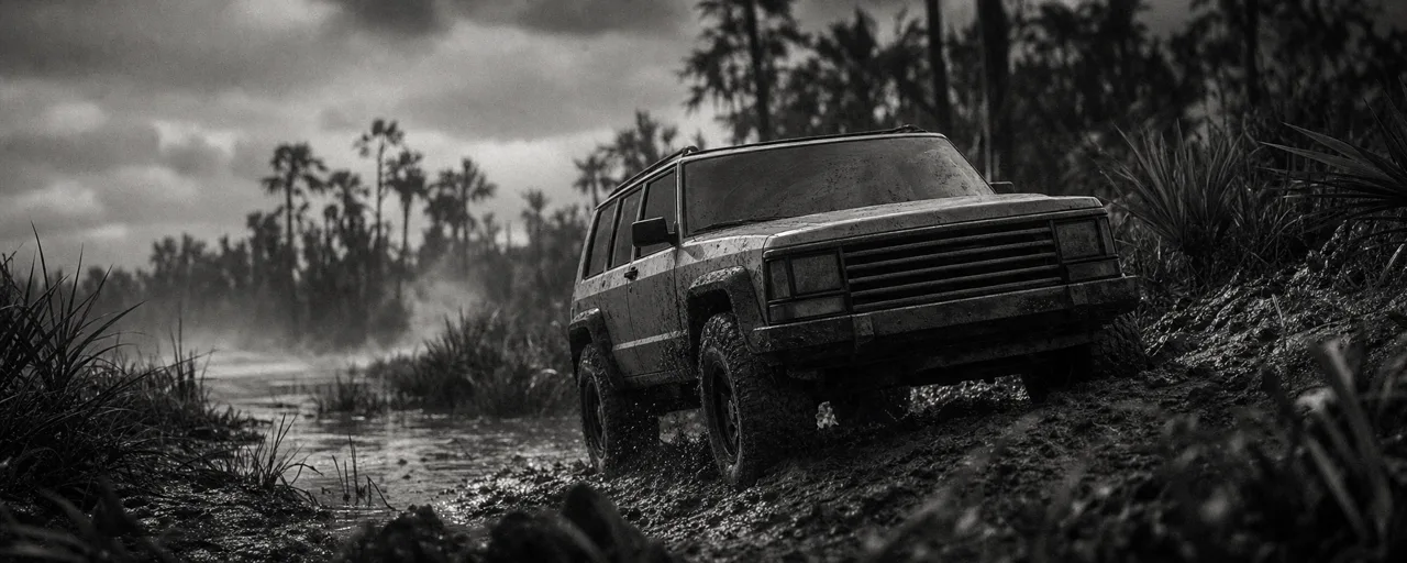 Black and white cinematic concept image of a boxy off-road SUV with a slatted grille climbing a muddy trail