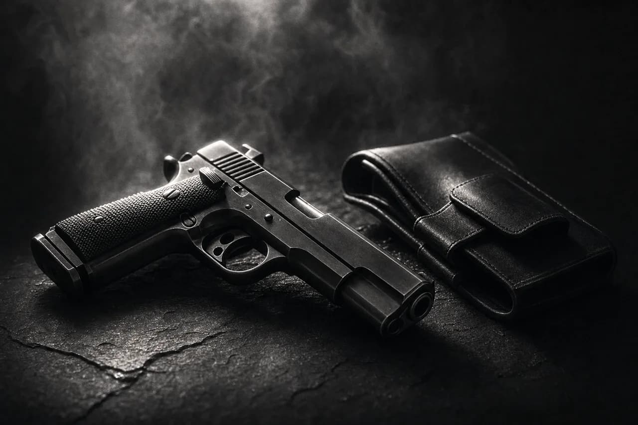 A sleek semi-automatic pistol on dark slate beside a folded leather holster under dramatic rim light.