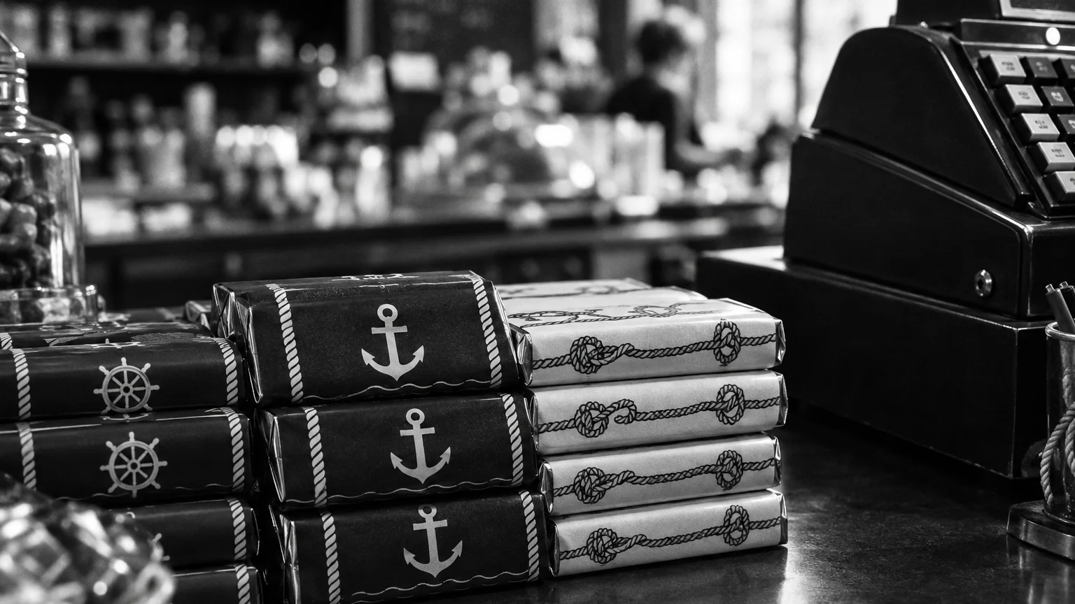 Black and white close-up of chocolate bars in naval themed wrappers stacked beside a shop till