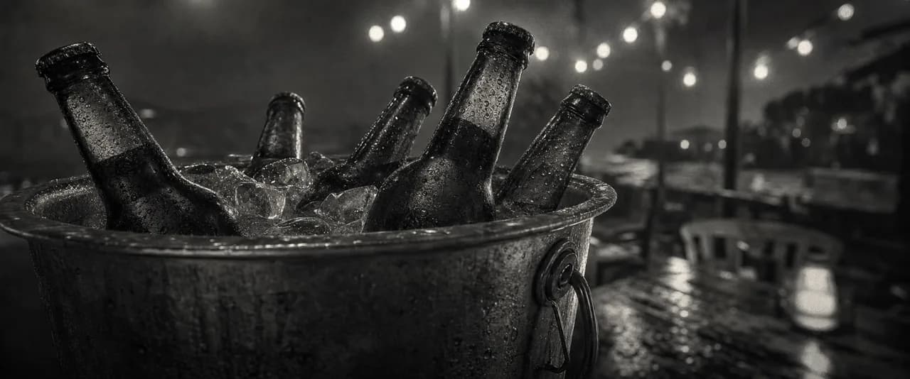 Black and white cinematic close-up of beer bottles packed in a metal bucket of ice on an outdoor cantina table