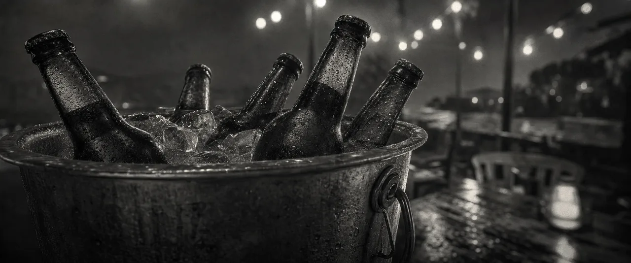 Black and white cinematic close-up of beer bottles packed in a metal bucket of ice on an outdoor cantina table