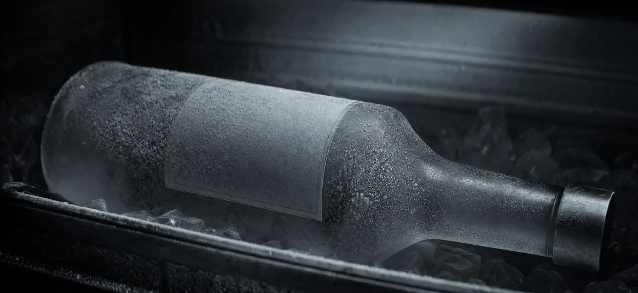 Black and white cinematic close-up of a frosted vodka bottle pulled from a freezer, coated in ice crystals