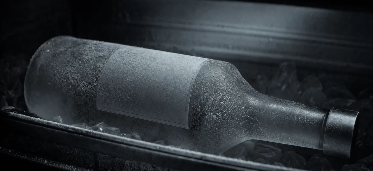 Black and white cinematic close-up of a frosted vodka bottle pulled from a freezer, coated in ice crystals