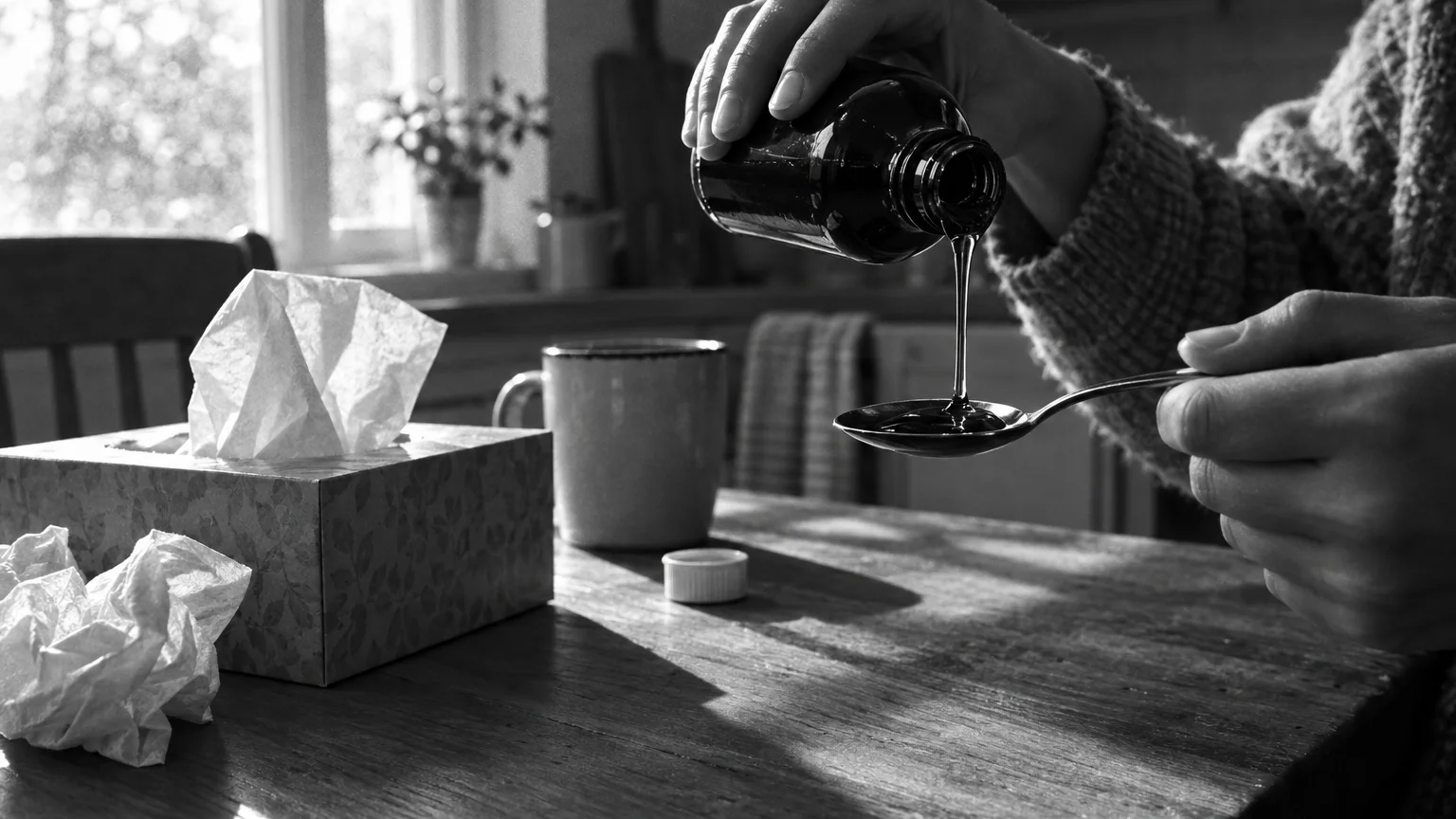 Black and white cinematic photograph of cough syrup being poured onto a spoon over a kitchen table with tissues nearby