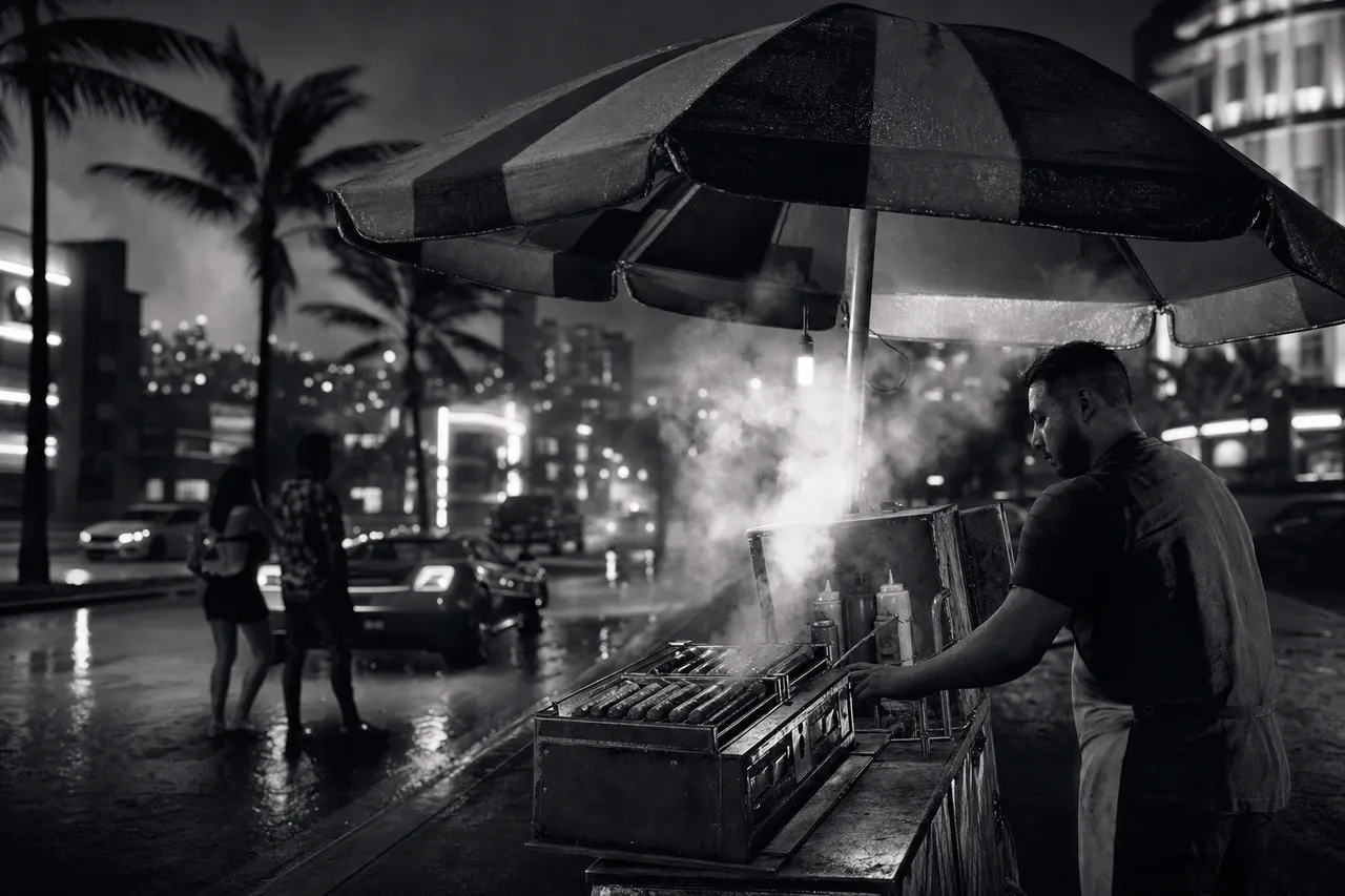 Black and white cinematic night shot of a steaming hot dog stand with franks on a roller grill and neon bokeh