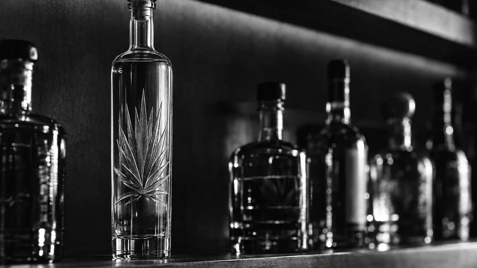 Black and white close-up of a tall tequila bottle on a shelf, agave plant etched into the glass