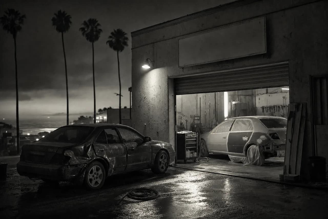 Black and white auto body shop exterior at night by a coastal road with a dented car outside the open roller door and primer-coated panels inside