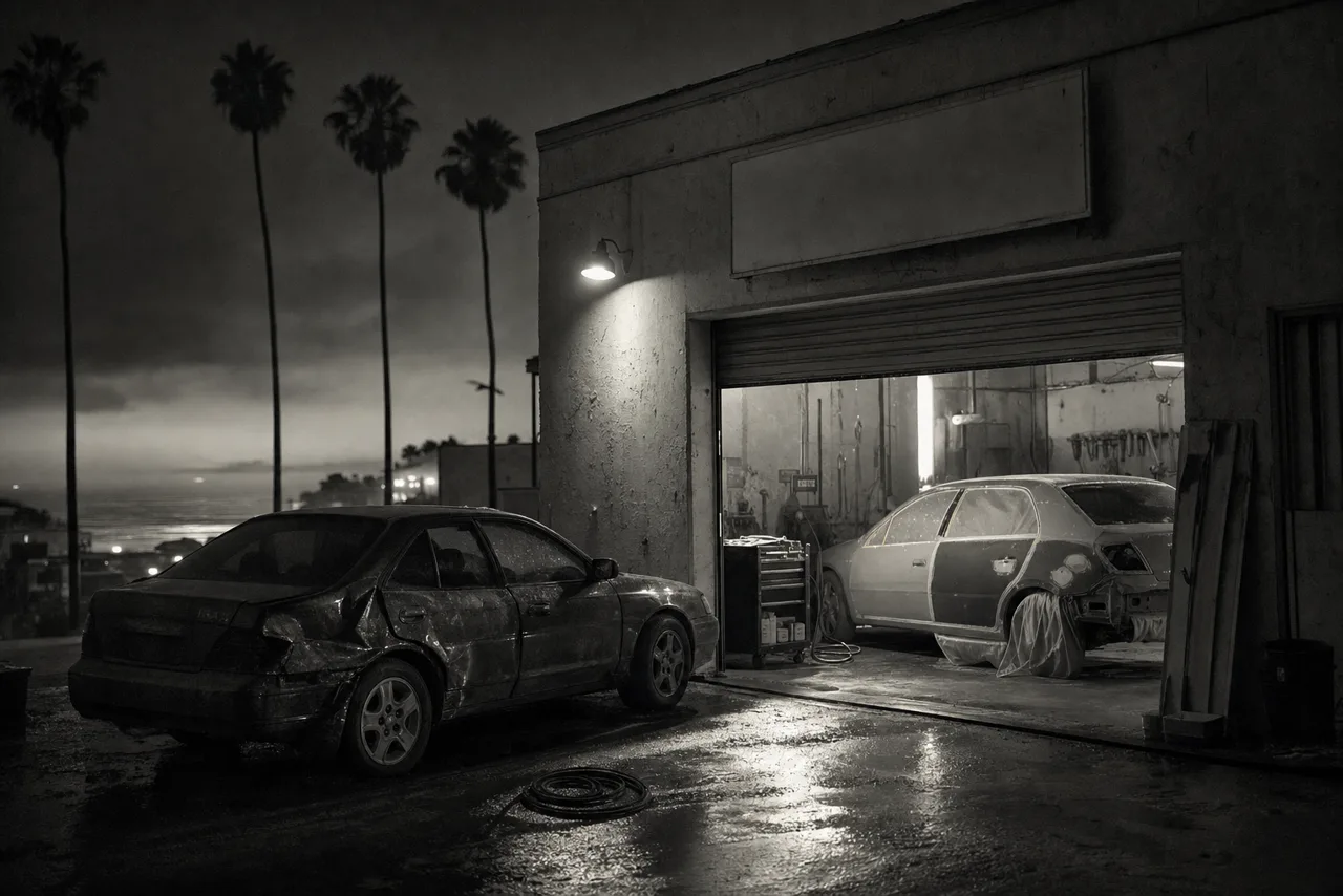 Black and white auto body shop exterior at night by a coastal road with a dented car outside the open roller door and primer-coated panels inside