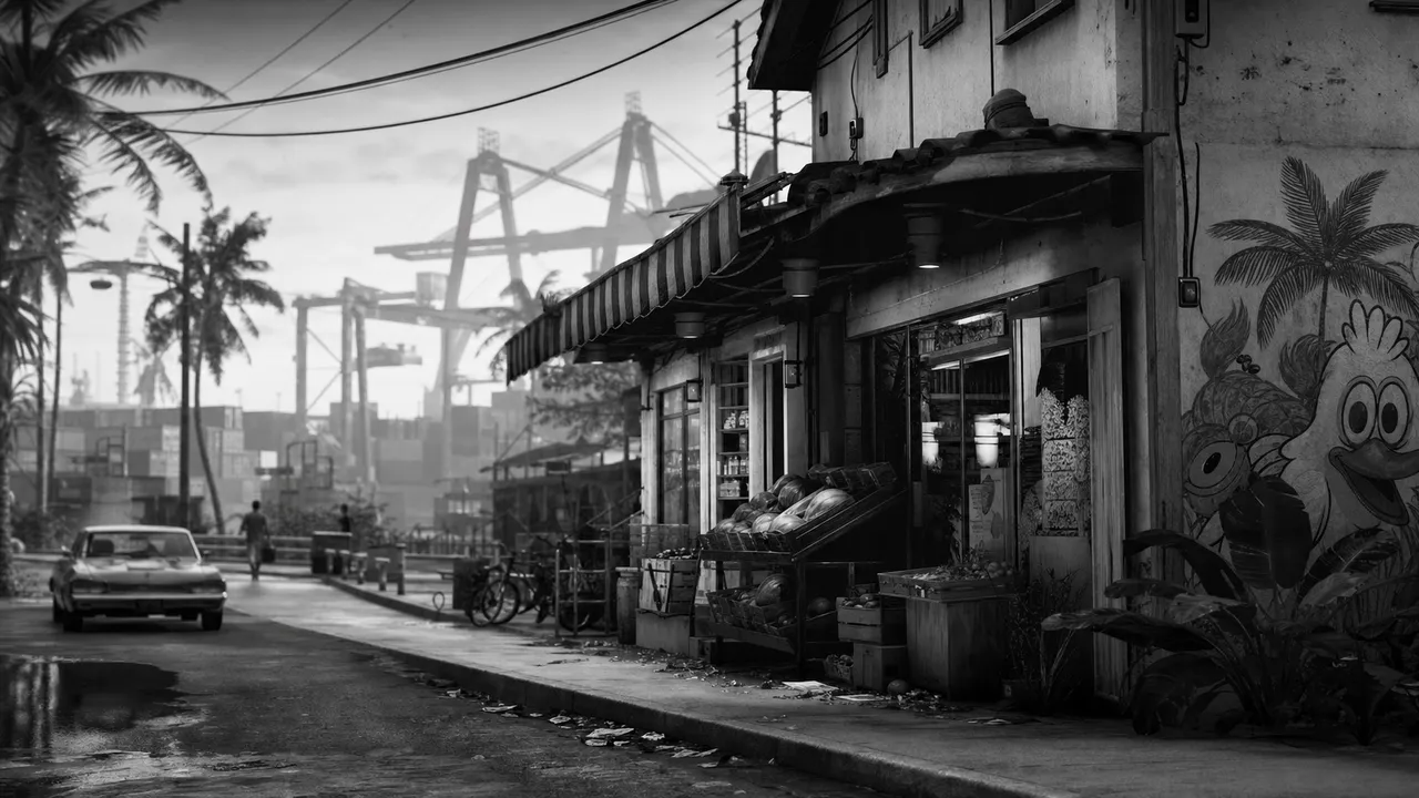 Black and white cinematic view of a small grocery storefront on a port street with container cranes in the haze