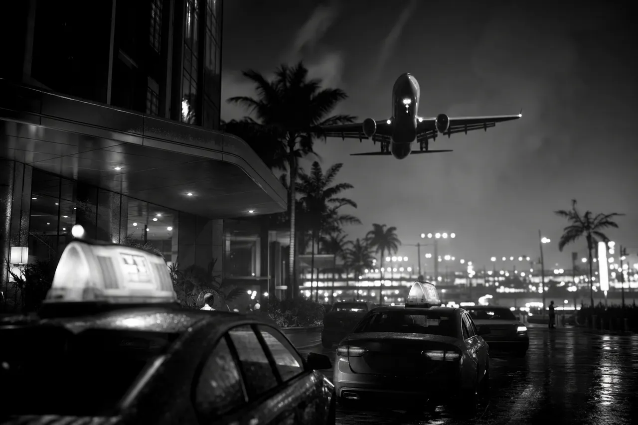 Black and white cinematic night view of an airport hotel with a jet passing low overhead and runway lights behind