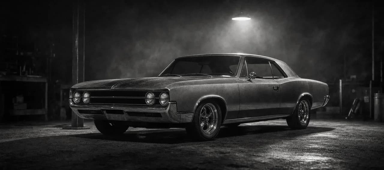 Black and white cinematic concept image of a restored 1960s American muscle coupe under a single garage spotlight