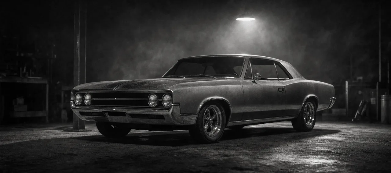 Black and white cinematic concept image of a restored 1960s American muscle coupe under a single garage spotlight