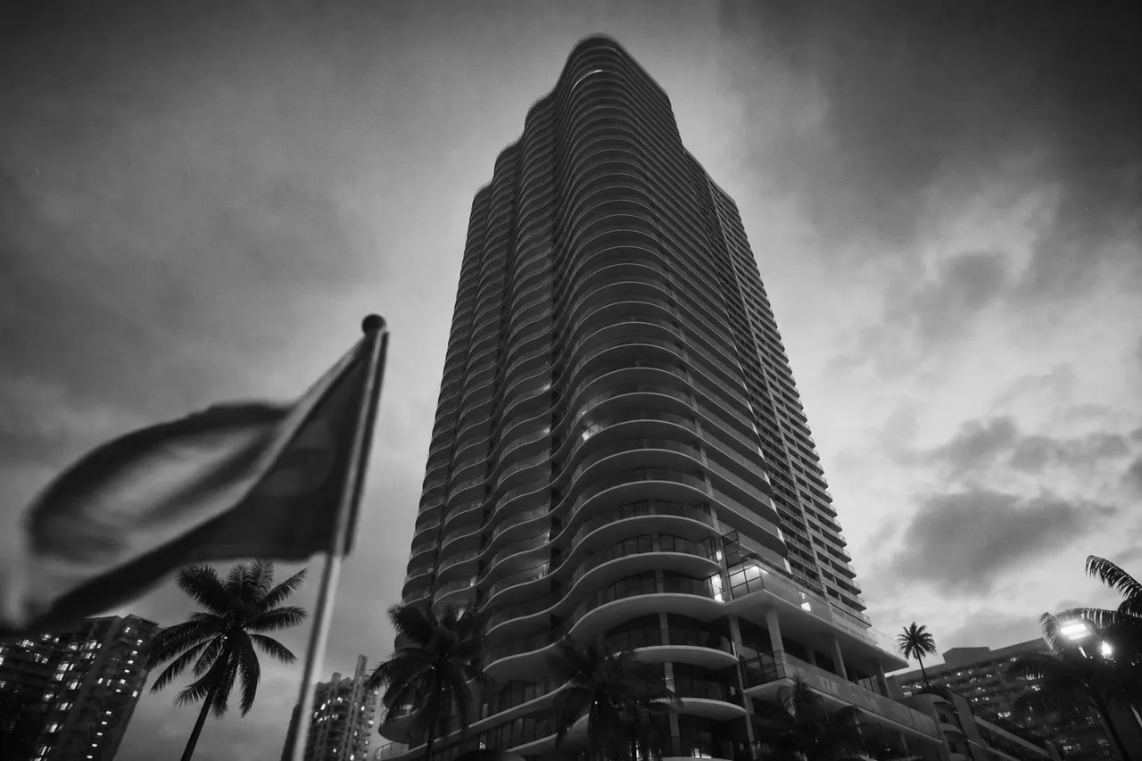 Black and white cinematic upward view of a slender condo tower with rippling balcony curves at dusk