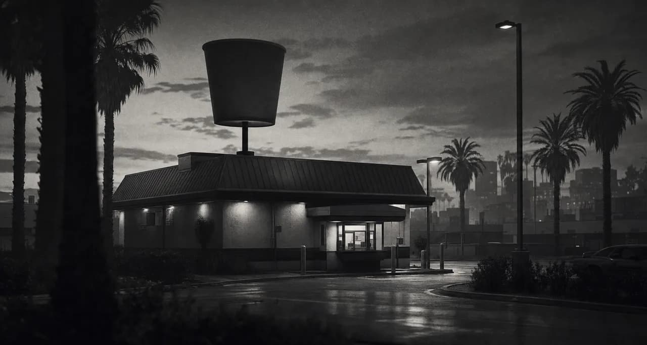 Black and white cinematic shot of a fried chicken restaurant with a chicken-bucket rooftop sign and a glowing drive-thru at dusk