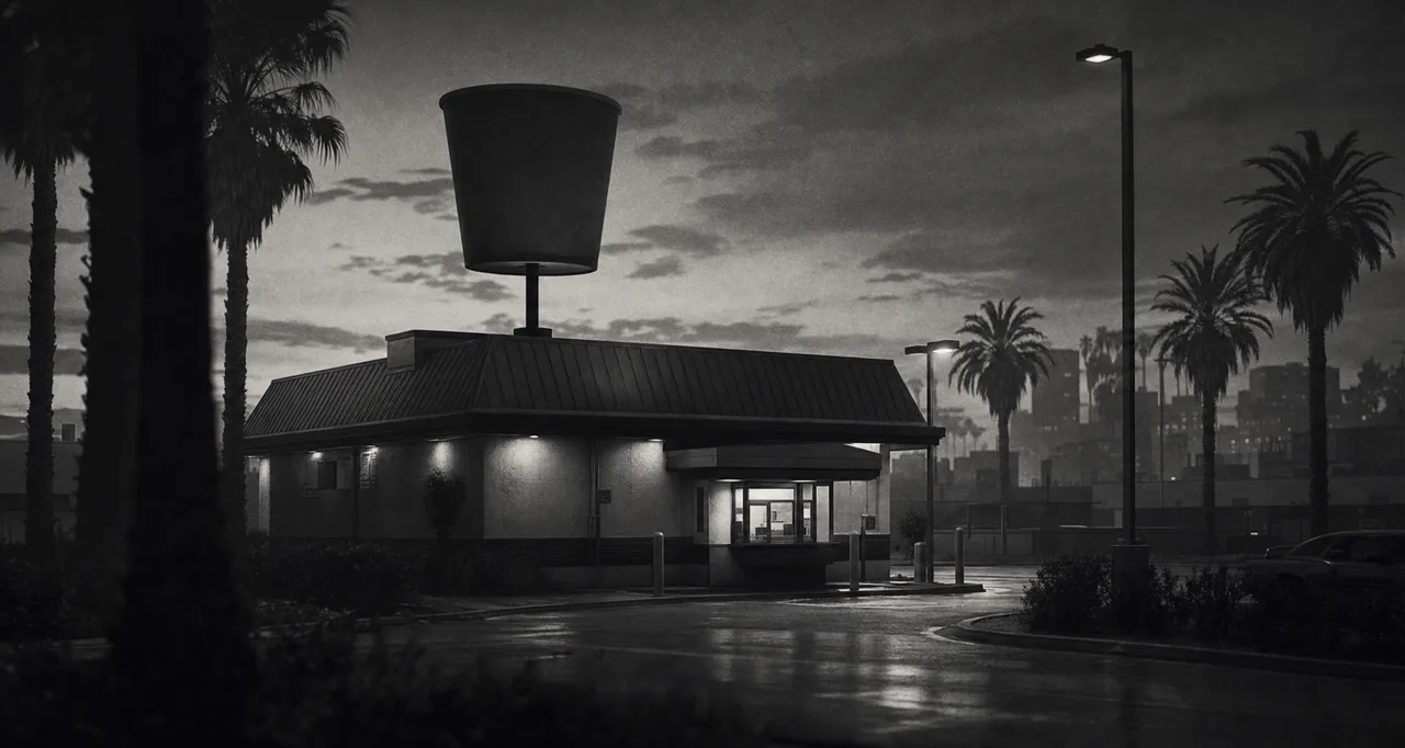 Black and white cinematic shot of a fried chicken restaurant with a chicken-bucket rooftop sign and a glowing drive-thru at dusk