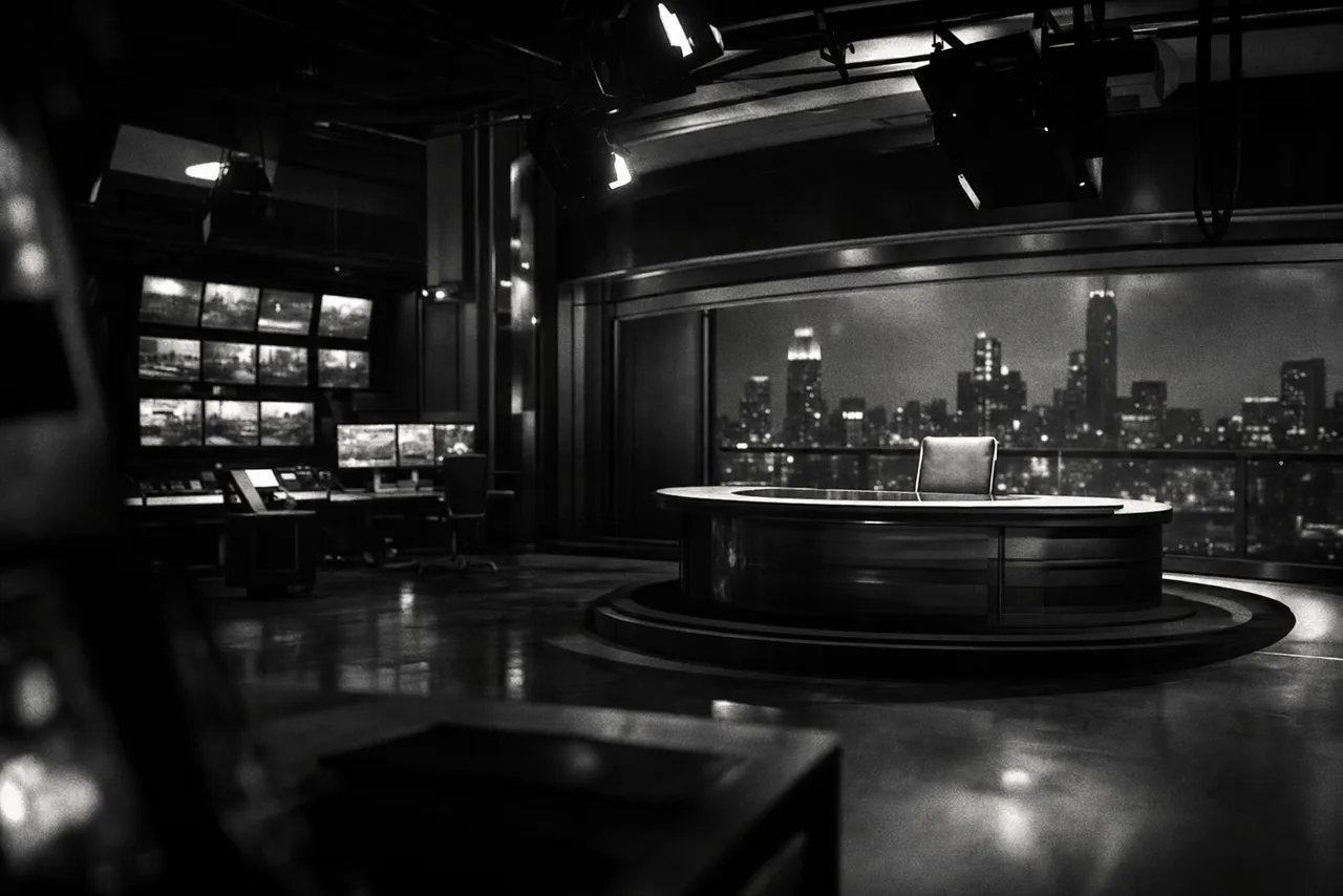 Black and white corporate newsroom interior with banks of monitors and a city skyline beyond the glass