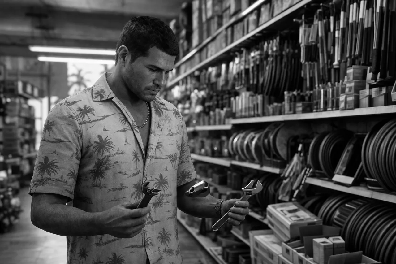 Black and white cinematic view of a hardware store aisle stacked with tools and a customer comparing two wrenches