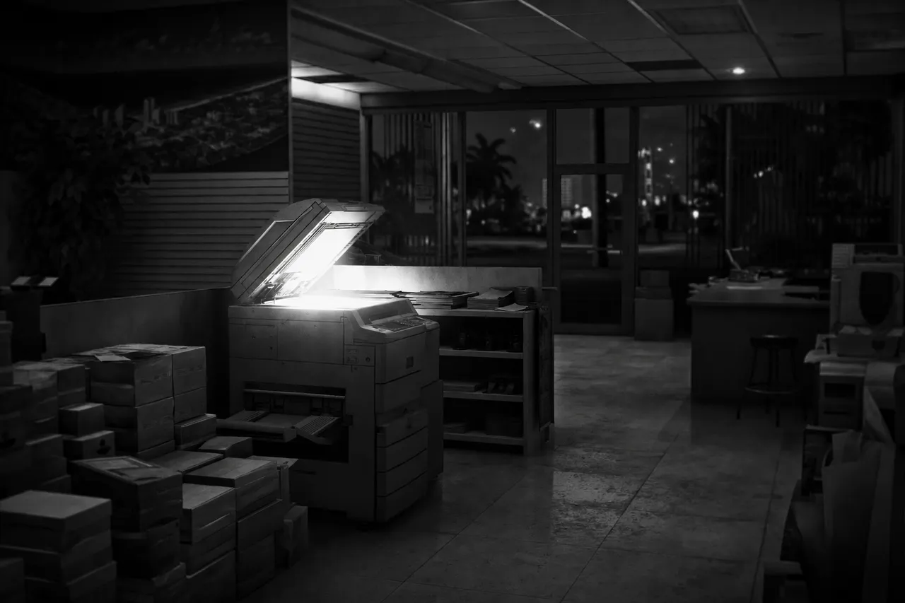 Black and white cinematic view of a copy shop lit by a photocopier flash with stacked reams of paper